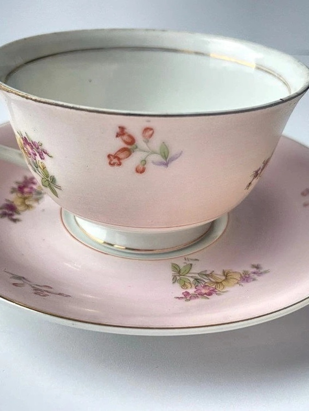 Gallet Floral Teacup & Saucer in Pink & White